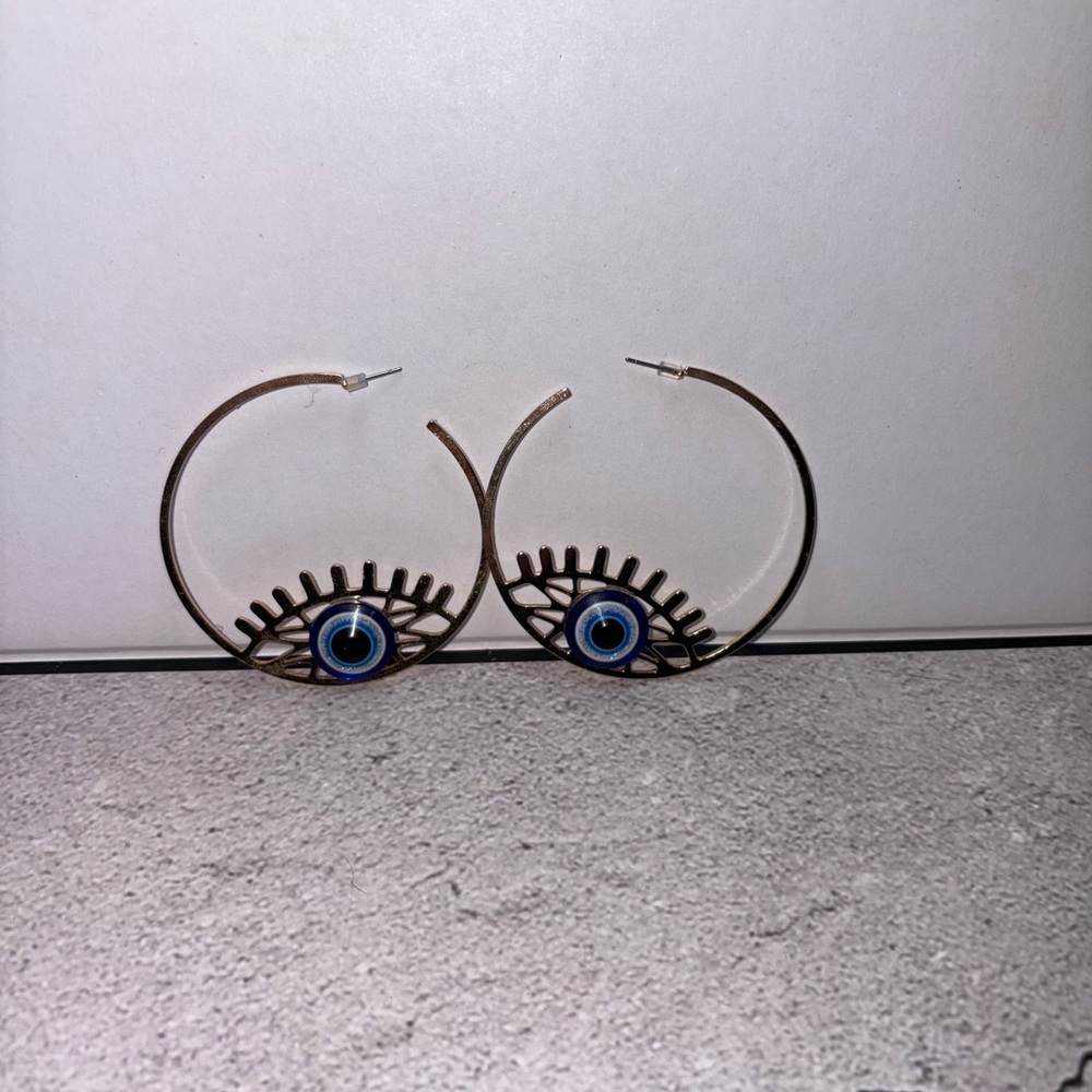 Gold Evil Eye Hoop Earrings - Picture 3 of 8